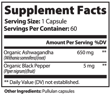 Supplement facts label for a product containing Organic Ashwagandha and Organic Black Pepper.