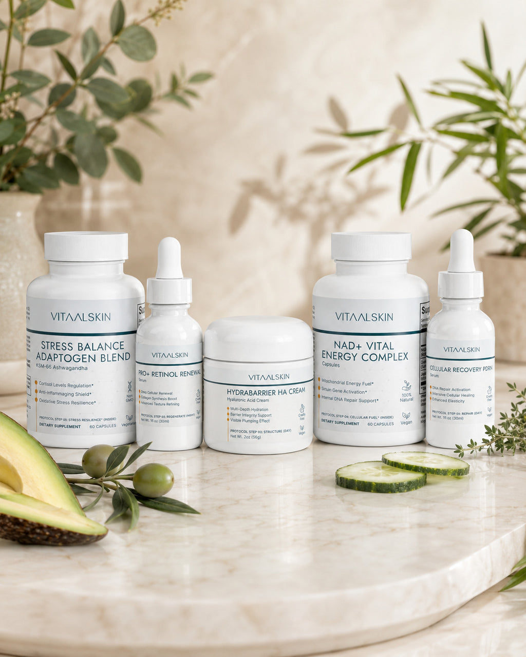 Vitaalskin longevity protocol on a marble surface with plants in the background