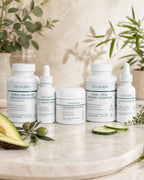 Vitaalskin longevity protocol on a marble surface with plants in the background