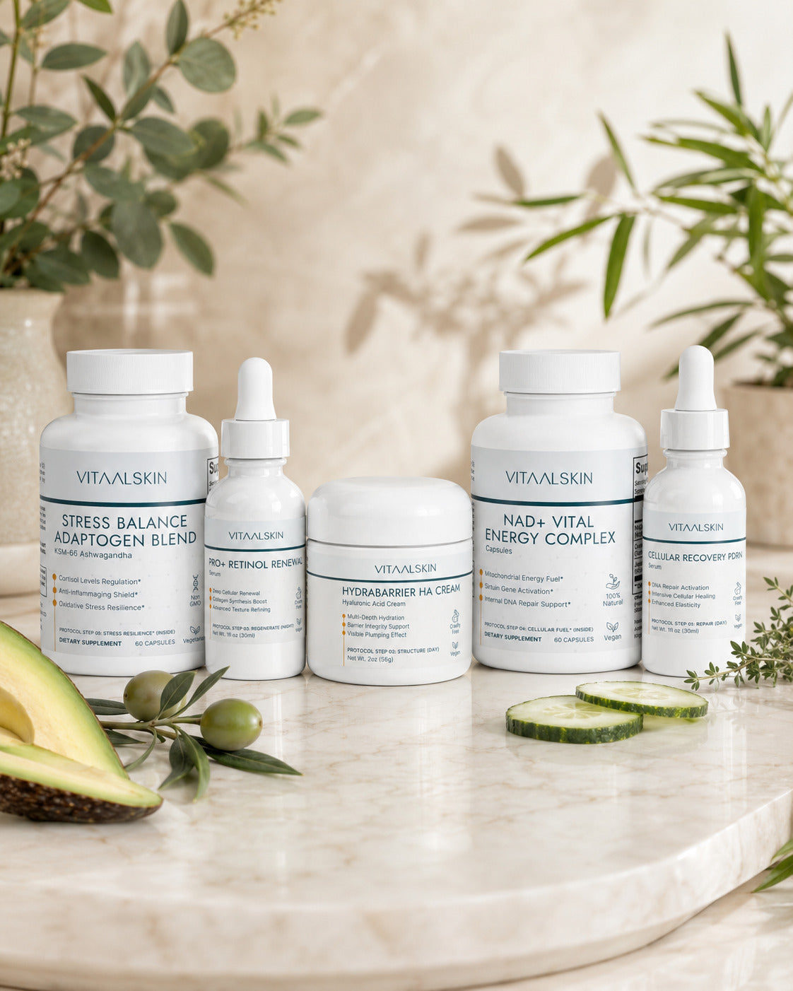 Vitaalskin longevity protocol on a marble surface with plants in the background