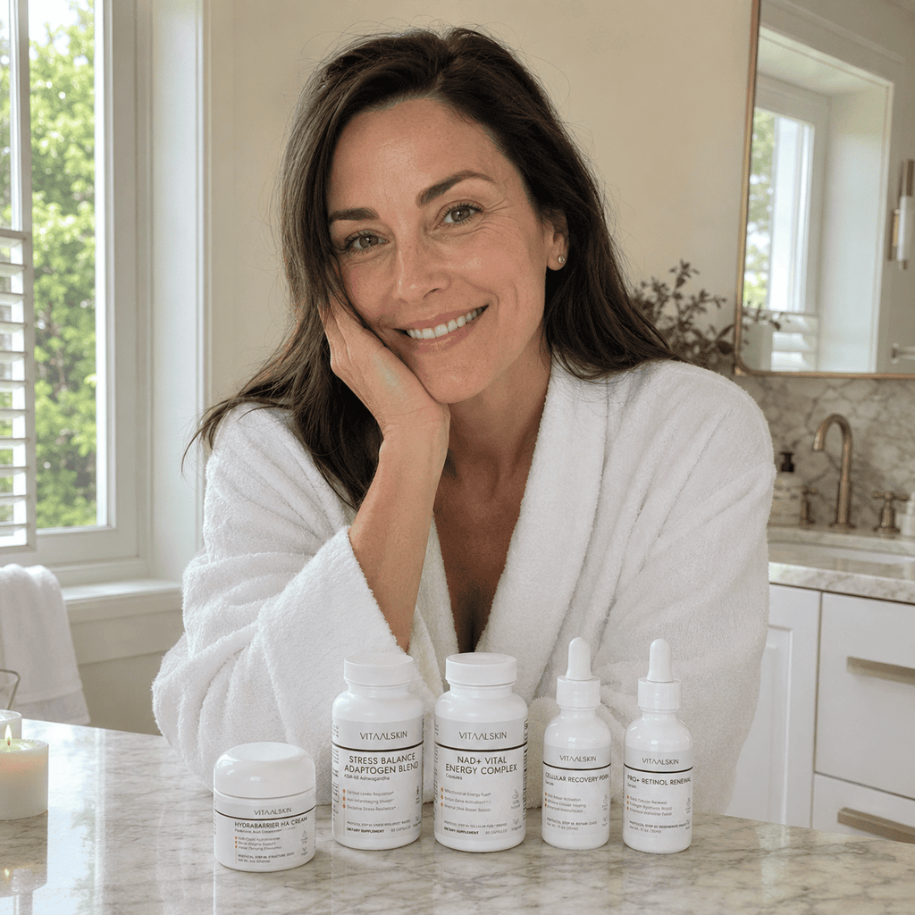 Woman in a white robe sitting at a bathroom counter with skincare products.