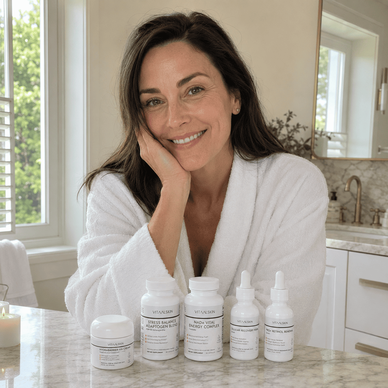 Woman in a white robe sitting at a bathroom counter with skincare products.