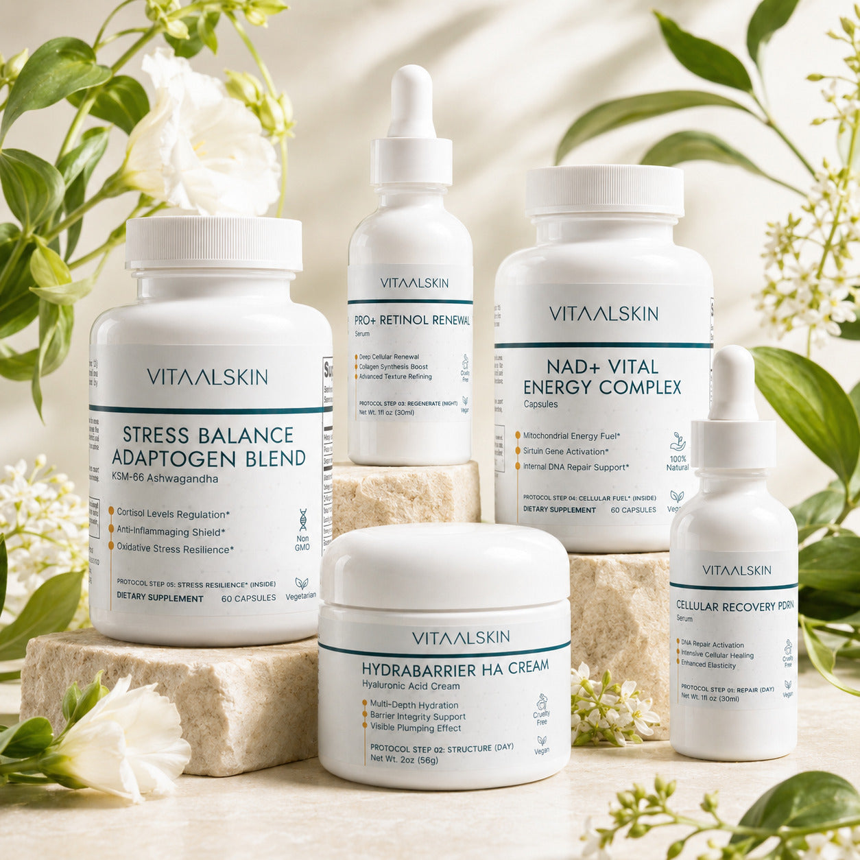 Vitaalskin longevity protocol with greenery in the background
