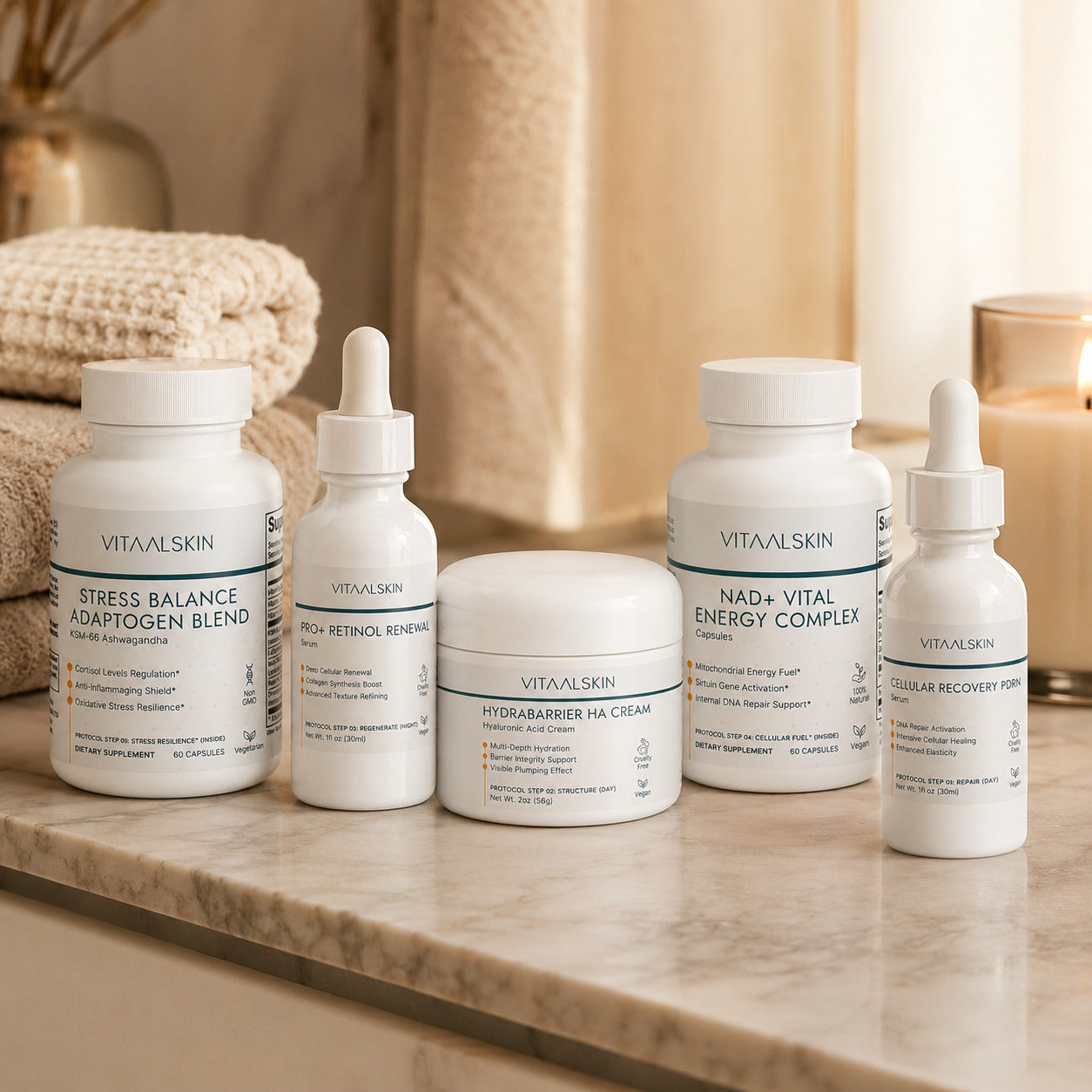 Vitaalskin longevity protocol on a marble surface with a candle and towel in the background