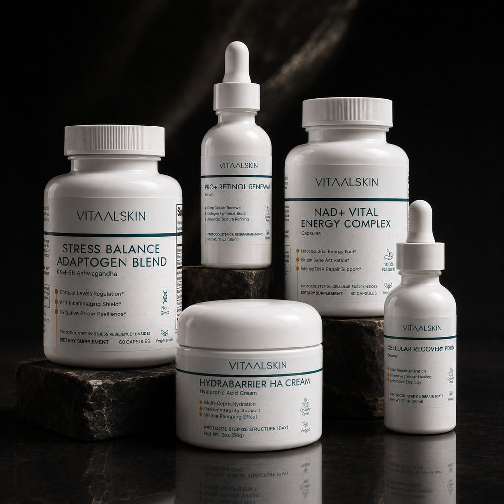 Collection of VITAALSKIN skincare and supplement products on a dark background