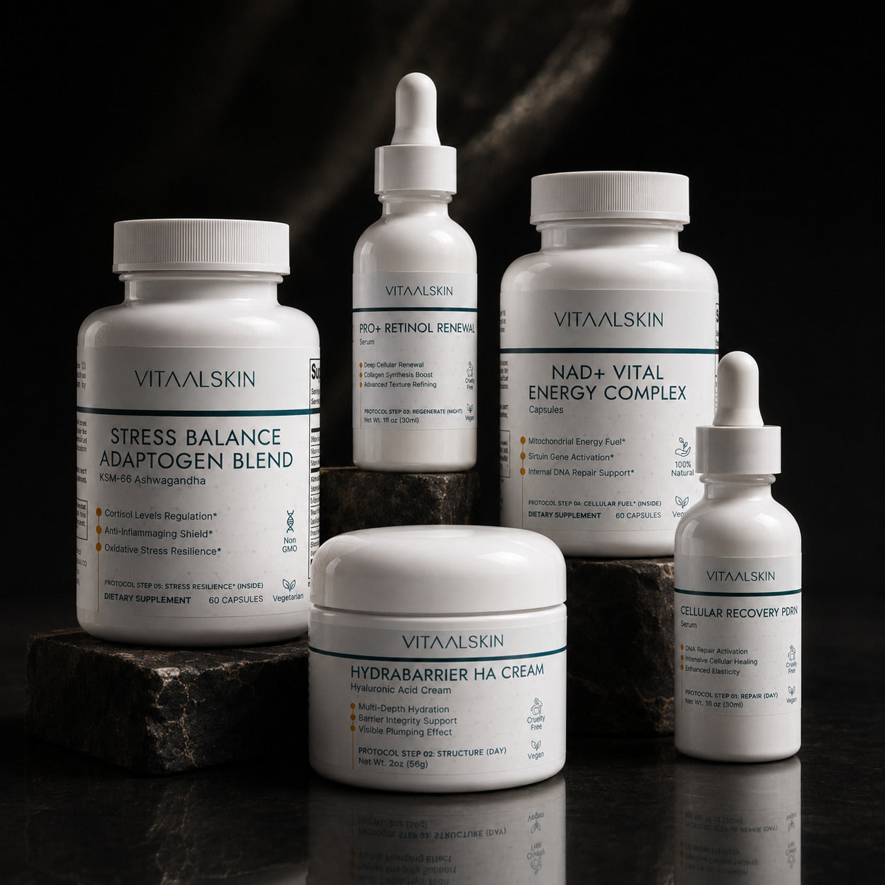Collection of VITAALSKIN skincare and supplement products on a dark background