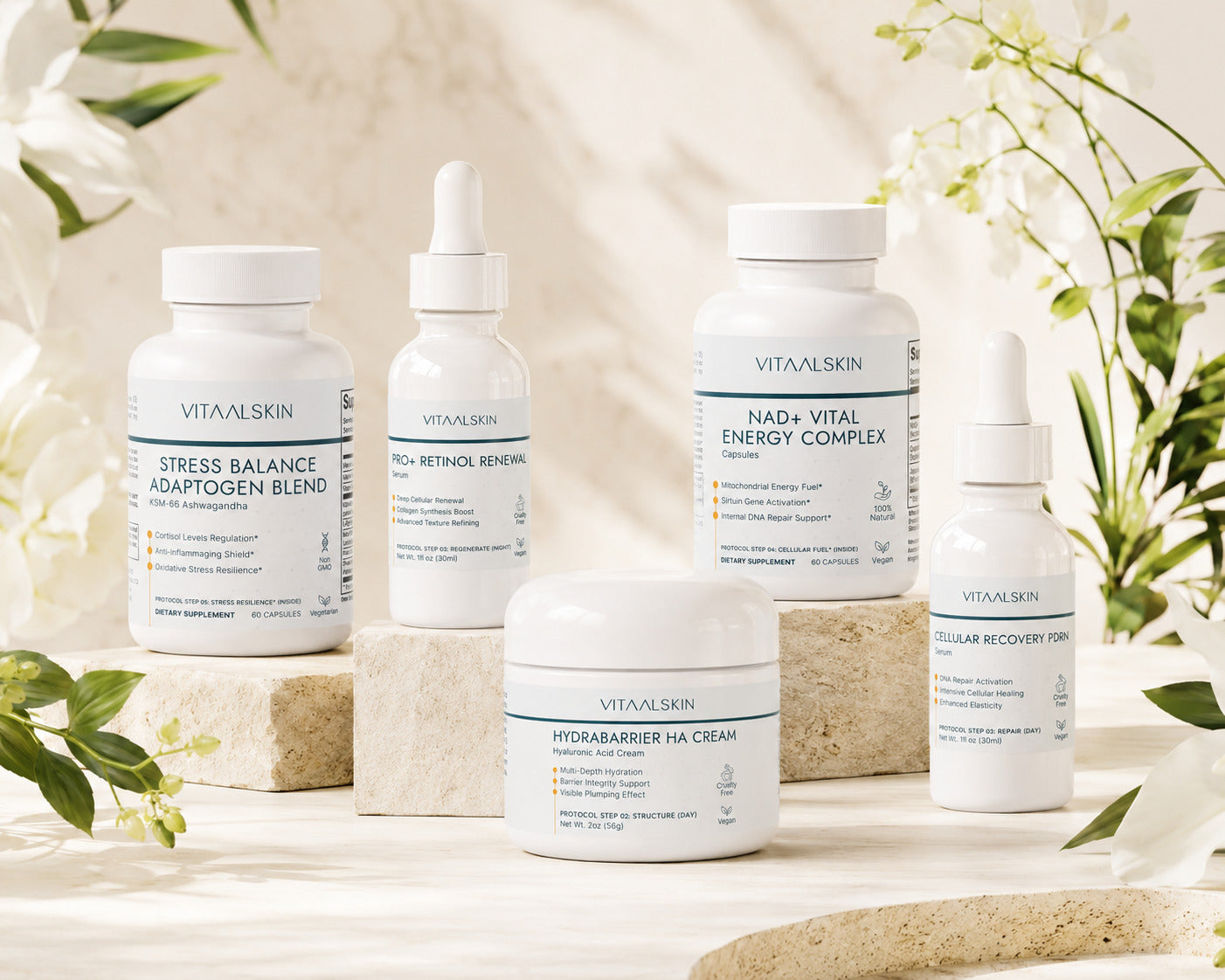 Vitaalskin longevity protocol on a neutral background with greenery