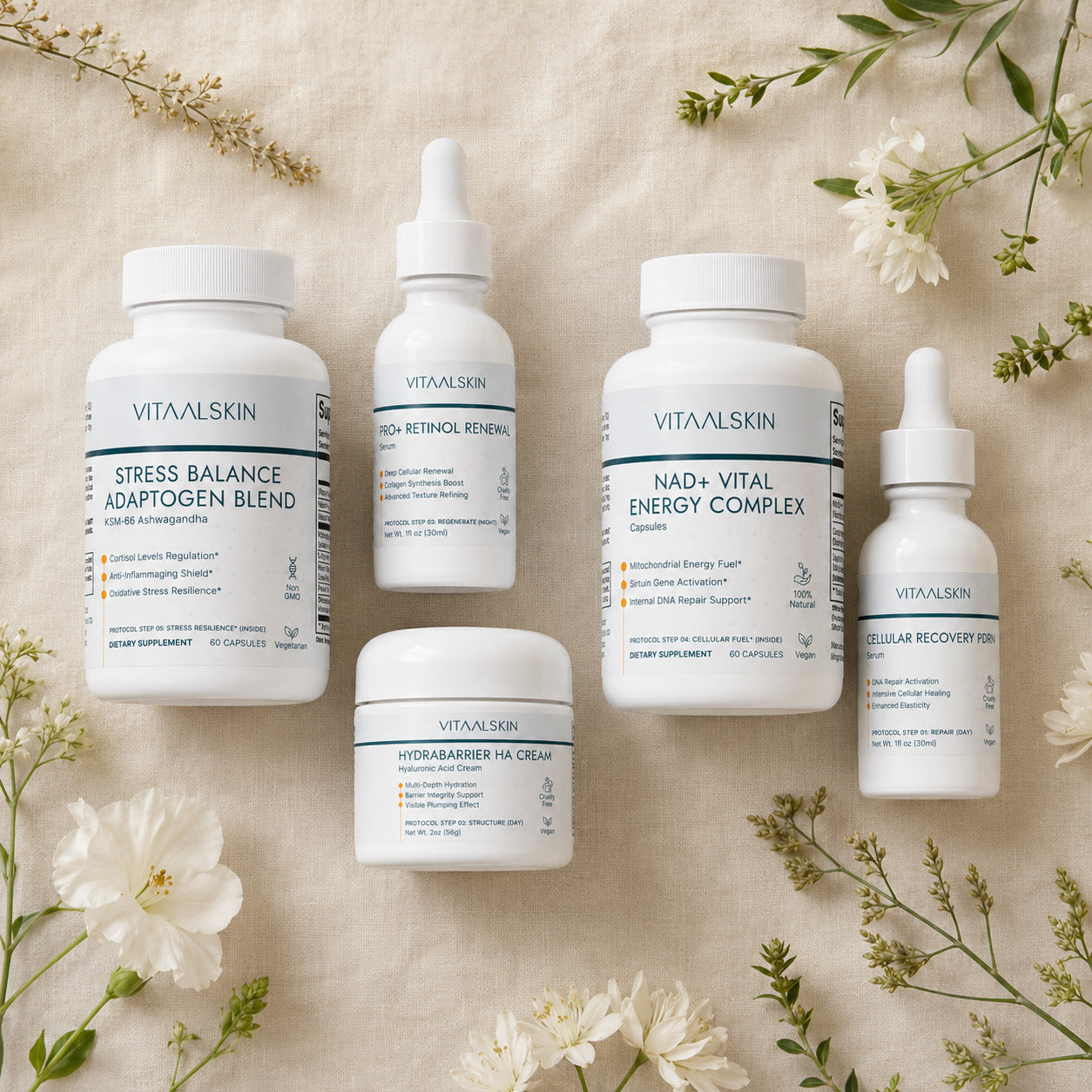 Vitaalskin longevity protocol on a beige background with flowers.